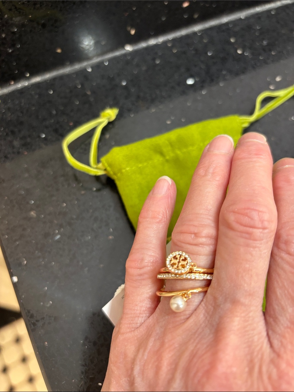 NWT Tory Burch Gold-Tone Pearl & Pavé Stackable Ring Set